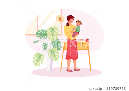 Mom feeding baby boy. Healthy food Mom feeding baby boy. Healthy food 119789738