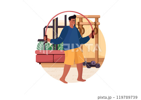 Man jumping with skipping rope at home gym 119789739