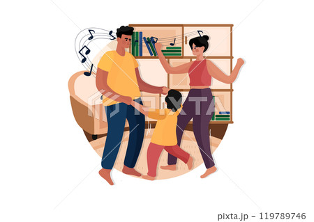 Happy family dancing together at home Happy family dancing together at home 119789746