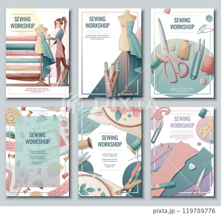 Set of flyer templates with sewing supplies. Banner with a girl creating clothes on a mannequin. Background, poster for a sewing workshop, atelier, tailoring courses, tailoring. 119789776