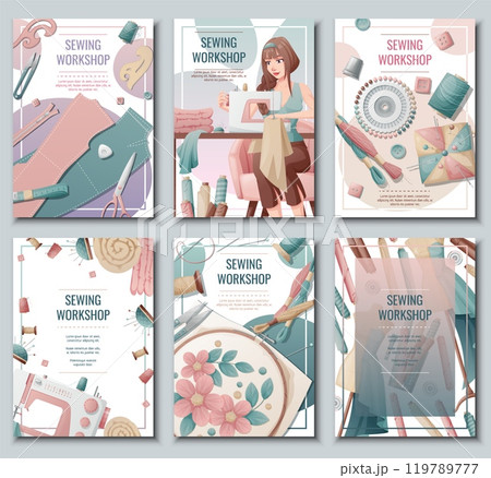 Set of flyer templates with sewing supplies. Banner, poster with a girl creating clothes on a sewing machine. Background for a sewing workshop, atelier, tailoring courses, tailoring. 119789777