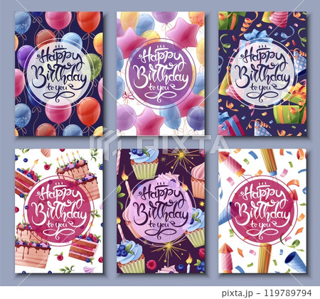 Set of birthday greeting card design. Banner, flyer with cupcakes, balloons, gifts fireworks and serpentine. Happy birthday. Invitation design for holiday, anniversary, party. Set of birthday greeting card design. Banner, flyer with cupcakes, balloons, gifts fireworks and serpentine. Happy birthday. Invitation design for holiday, anniversary, party. 119789794