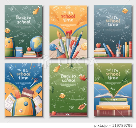 School banners set. Back to school, knowledge, education. Postcard with school board and chalk lettering. Posters with school textbooks, books, backpack, paints. Vector set of a4 size flyers 119789799