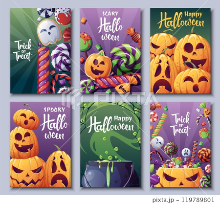 Set of vector greeting cards for Halloween. Trick or treat. Witch cauldron poster. Banner with funny pumpkins and sweets. 119789801