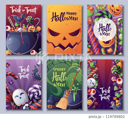 Set of vector greeting cards for Halloween. Trick or treat. Poster, banner with witch s cauldron and sweets. Set of vector greeting cards for Halloween. Trick or treat. Poster, banner with witch s cauldron and sweets. 119789802