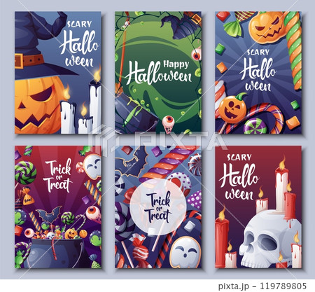 Set of vector greeting cards for Halloween. Witch s cauldron, scary pumpkins, broom, skull, candles, candies. Illustration for postcards, invitations, banners, posters. Set of vector greeting cards for Halloween. Witch s cauldron, scary pumpkins, broom, skull, candles, candies. Illustration for postcards, invitations, banners, posters. 119789805
