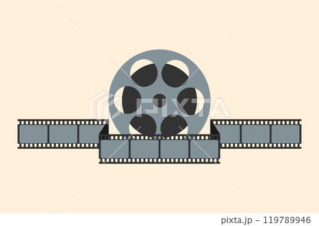 Retro cinema emblem with film reel wrapped in movie filmstrip. Vector illustration 119789946