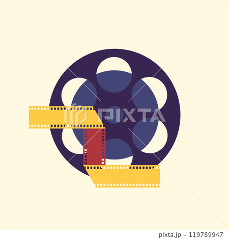 Movie film emblem with film reel and folded film strip. Movie film concept. Retro style. Vector illustration 119789947