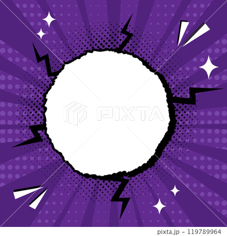 Bright pop art comic cover with crack torn paper circle with copy space. Retro style dynamic background. Vector illustration Bright pop art comic cover with crack torn paper circle with copy space. Retro style dynamic background. Vector illustration 119789964