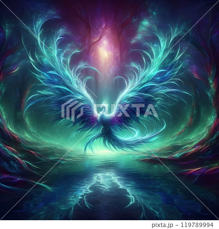 A phoenix digital artwork emerges from the depths of a mysterious forest. 119789994