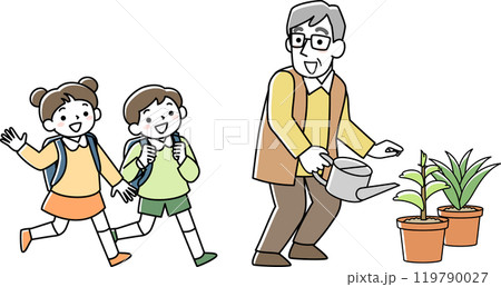 挨拶を交わすシニア男性と小学生の子供たち 119790027