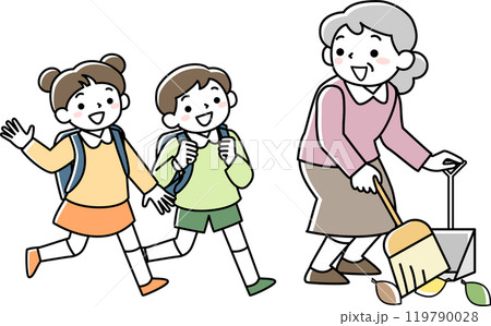 挨拶を交わすシニア女性と小学生の子供たち 119790028