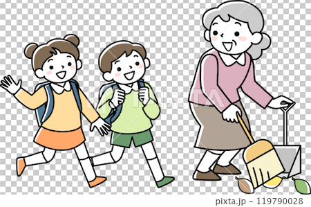 挨拶を交わすシニア女性と小学生の子供たち 119790028