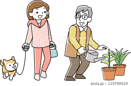 挨拶を交わすシニア男性と犬を散歩させる若い女性 挨拶を交わすシニア男性と犬を散歩させる若い女性 119790029