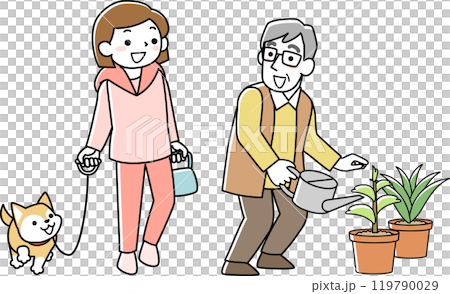 挨拶を交わすシニア男性と犬を散歩させる若い女性 挨拶を交わすシニア男性と犬を散歩させる若い女性 119790029