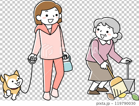 A senior woman exchanging greetings and a young woman walking a dog A senior woman exchanging greetings and a young woman walking a dog 119790030