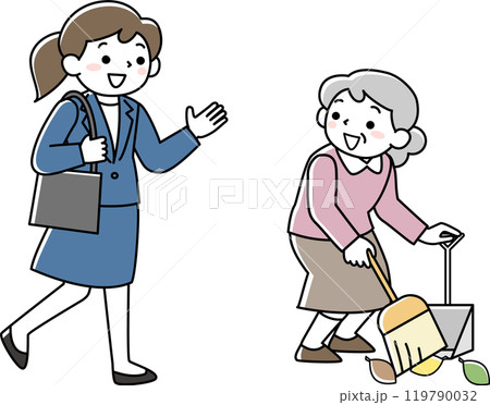 挨拶を交わすシニア女性と会社員風の若い女性 119790032