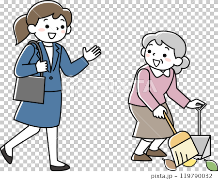 一位資深女性和一位年輕上班族般的女性互相問候 一位資深女性和一位年輕上班族般的女性互相問候 119790032