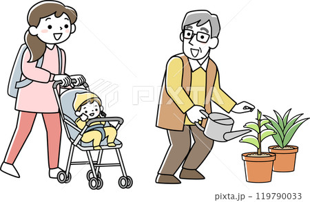 挨拶を交わすシニア男性と子連れの若い女性 挨拶を交わすシニア男性と子連れの若い女性 119790033