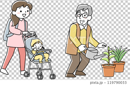 挨拶を交わすシニア男性と子連れの若い女性 挨拶を交わすシニア男性と子連れの若い女性 119790033