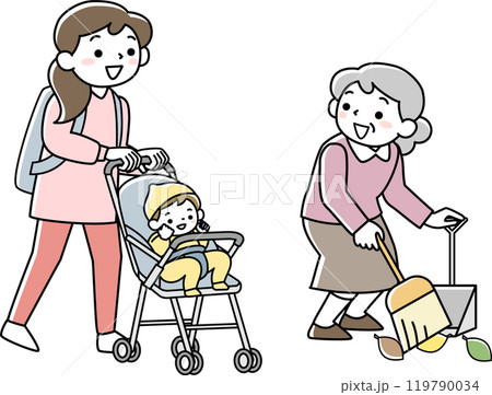 挨拶を交わすシニア女性と子連れの若い女性 119790034