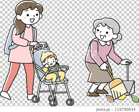 挨拶を交わすシニア女性と子連れの若い女性 119790034