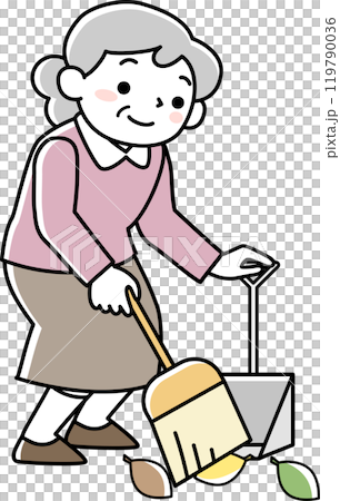 Senior woman sweeping fallen leaves Senior woman sweeping fallen leaves 119790036