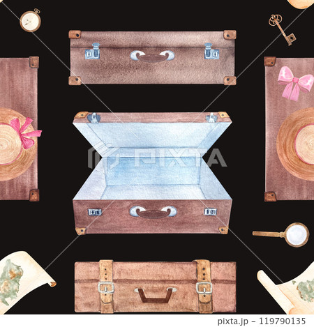 Suitcases, parchment with Australia map, sun hat, magnifying glass watercolor seamless pattern on black background. Hand drawn for stationary, souvenir decor design, wrapping paper. Vintage clip art 119790135