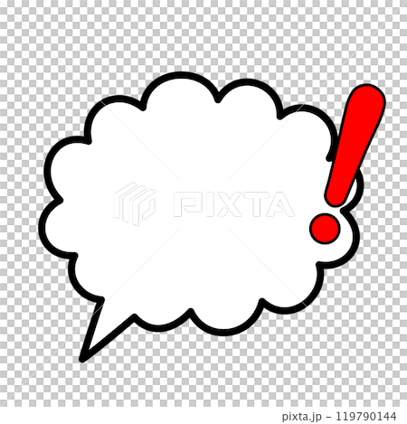 A cloud-shaped speech bubble with a mouth and a solid red exclamation mark 119790144