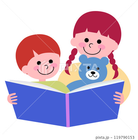 仲良く絵本を一緒に読む幼い姉と弟とクマのぬいぐるみのイラスト 119790153