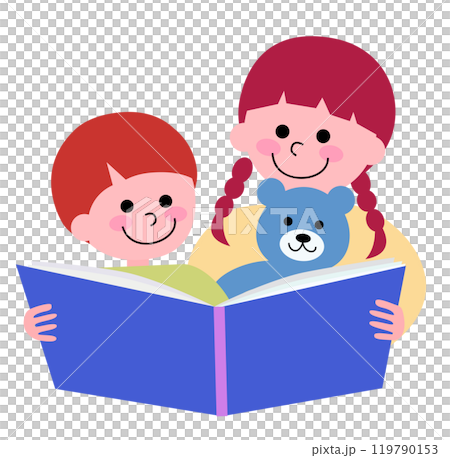 仲良く絵本を一緒に読む幼い姉と弟とクマのぬいぐるみのイラスト 119790153