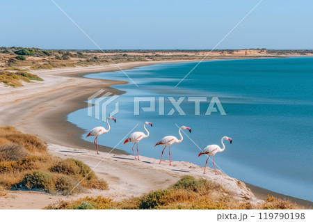 Flamingos Walking by Blue Lagoon on Sunny Day Flamingos Walking by Blue Lagoon on Sunny Day 119790198