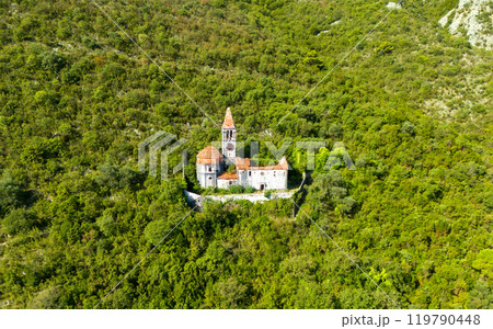 Secluded Ancient Monastery Hidden in a Dense Green Forest Landscape 119790448