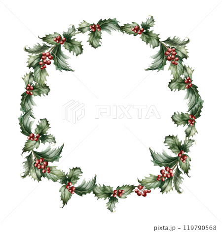 Holly Berry Branches with red berries. Wreath with traditional Christmas plant. Watercolor floral illustration hand painted isolated on white background for winter holiday design, cards, prints Holly Berry Branches with red berries. Wreath with traditional Christmas plant. Watercolor floral illustration hand painted isolated on white background for winter holiday design, cards, prints 119790568