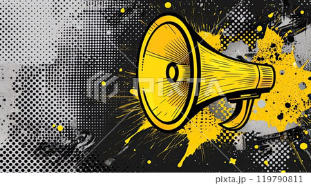 Cartoon megaphone in halftone grunge style. Loudspeaker and announcement message 119790811