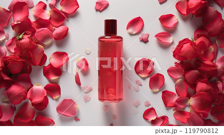Perfume with scent of roses. Cosmetic product among the petals of flowers. AI generated. 119790812