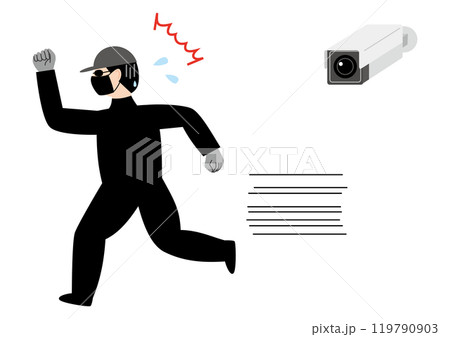 ボックス型防犯カメラに気づいて、ビクッとして焦って逃げる男性、左向き ボックス型防犯カメラに気づいて、ビクッとして焦って逃げる男性、左向き 119790903