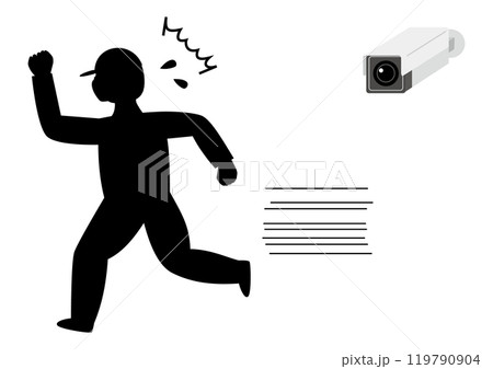 ボックス型防犯カメラに気づいて、ビクッとして焦って逃げる男性、左向き、シルエット 119790904