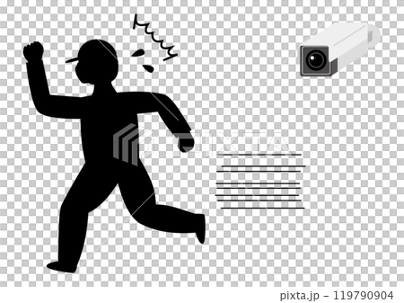 ボックス型防犯カメラに気づいて、ビクッとして焦って逃げる男性、左向き、シルエット 119790904