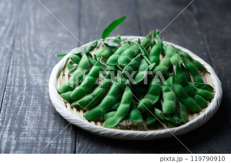 笊に盛り付けた枝付きの枝豆 （ 黒バック ） 119790910