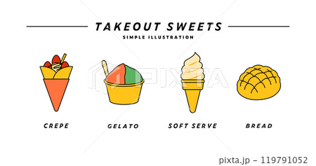 テイクアウトのスイーツのイラストセット　アイコン　クレープ　ソフトクリーム　メロンパン　ジェラート 119791052