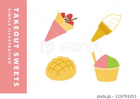 テイクアウトのスイーツのイラストセット　アイコン　クレープ　ソフトクリーム　メロンパン　ジェラート 119791053
