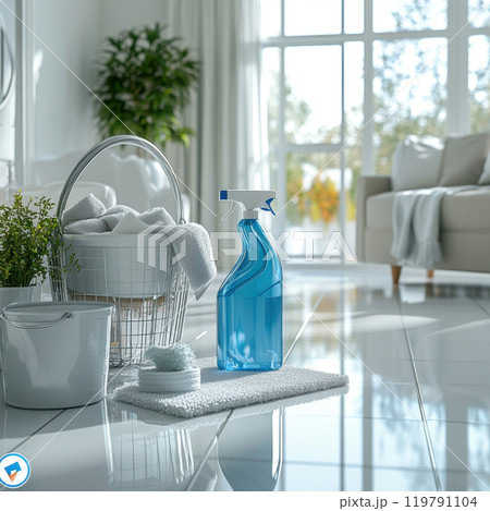 bright modern home with spotless shiny floor, featuring cleaning supplies and fresh towels, creating serene and inviting atmosphere bright modern home with spotless shiny floor, featuring cleaning supplies and fresh towels, creating serene and inviting atmosphere 119791104