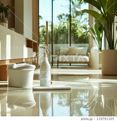 bright modern home with spotless shiny floor, featuring cleaning spray, mop, and bucket, creating fresh and inviting atmosphere bright modern home with spotless shiny floor, featuring cleaning spray, mop, and bucket, creating fresh and inviting atmosphere 119791105