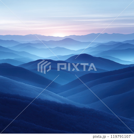 serene landscape featuring layered blue mountains at dawn, creating calming atmosphere. soft gradients and mist enhance tranquil beauty of nature serene landscape featuring layered blue mountains at dawn, creating calming atmosphere. soft gradients and mist enhance tranquil beauty of nature 119791107