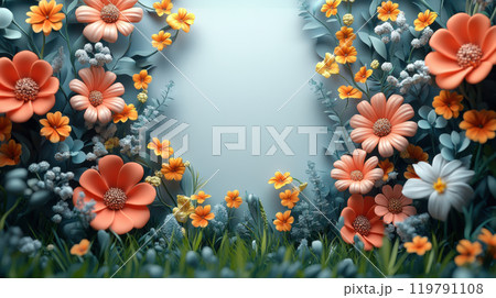 vibrant floral arrangement featuring orange and white flowers, lush greenery, and soft blue background creates cheerful and inviting atmosphere. Perfect for spring themes vibrant floral arrangement featuring orange and white flowers, lush greenery, and soft blue background creates cheerful and inviting atmosphere. Perfect for spring themes 119791108