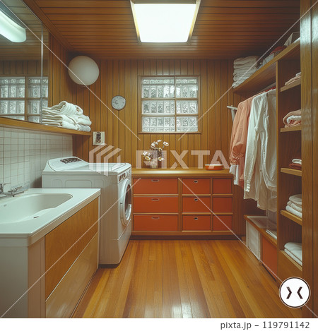 vintage laundry room featuring oak floors, wooden paneling, and modern appliances. space is organized with shelves and washing machine, creating nostalgic yet functional atmosphere vintage laundry room featuring oak floors, wooden paneling, and modern appliances. space is organized with shelves and washing machine, creating nostalgic yet functional atmosphere 119791142