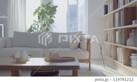 bright, modern living room featuring cozy sofa, wooden furniture, and large plant. space is designed for comfort and style, with natural light streaming in bright, modern living room featuring cozy sofa, wooden furniture, and large plant. space is designed for comfort and style, with natural light streaming in 119791212