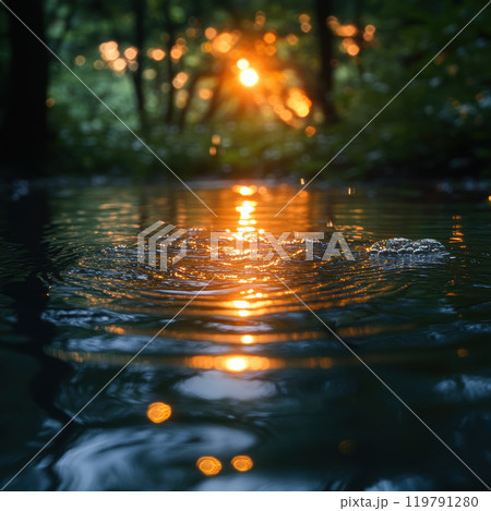 serene sunset reflecting on calm water surface, with gentle ripples and bokeh effects from surrounding greenery. warm light creates tranquil atmosphere 119791280