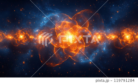 Cosmic explosion with vibrant orange and blue hues, depicting stellar event in space. image captures beauty of universe energy and formation Cosmic explosion with vibrant orange and blue hues, depicting stellar event in space. image captures beauty of universe energy and formation 119791284